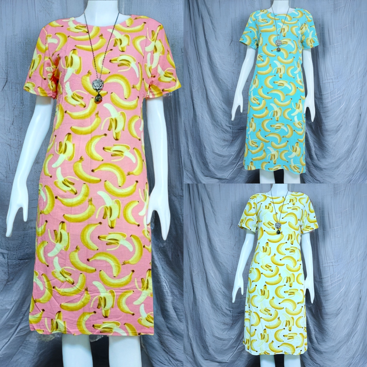 Dress3354 ชุดเดรสยาวทรงสวยลายกล้วย ผ้าวูลเวฟ(ผ้าหนังไก่)เนื้อดีนุ่มยืดขยายได้เยอะ งานน่ารักผ้านุ่มใส่สบาย มี 3 สี ขาว, เขียวพาสเทล, ชมพูพาสเทล