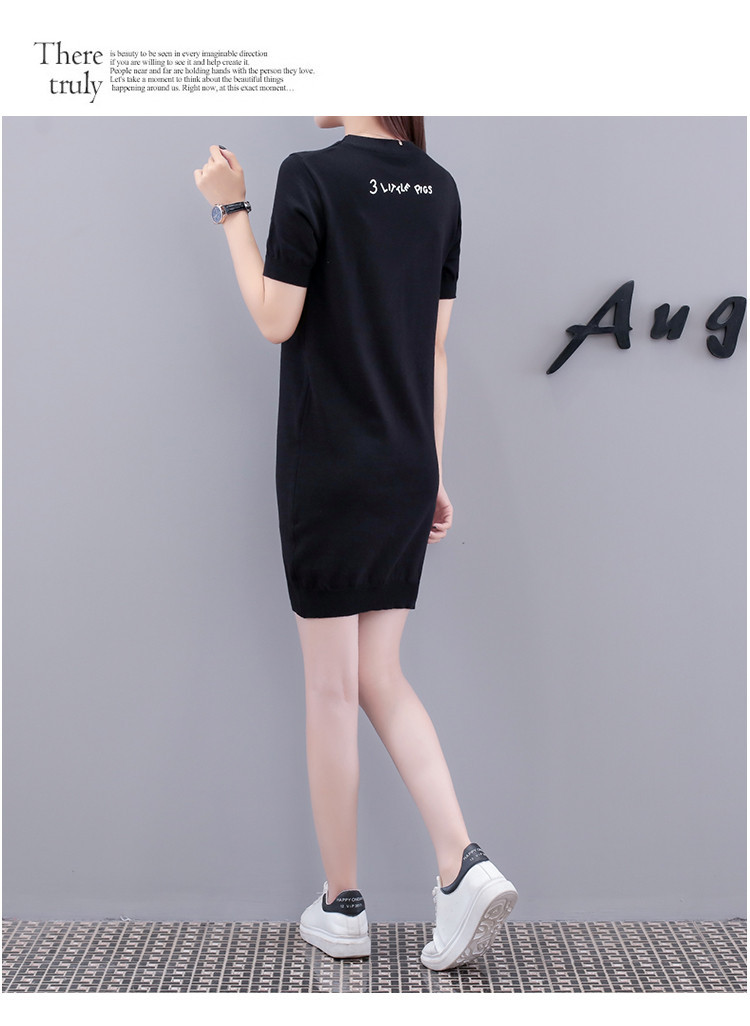 Dress4576 เดรสไหมพรมแขนสั้นสีพื้นดำแต่งลาย Pig ผ้าไหมพรมถักเนื้อนุ่มยืดหยุ่นสูงเนื้อหนาปานกลางใส่ได้ทุกฤดูกาล งานสวยใส่ง่ายน่ารักมาก