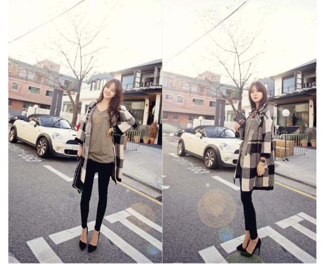 เสื้อกันหนาว ผ้าทอลายตาราง ตัวโคล่ง ทรงสวย สีครีมดำ งานดีสวยเหมือนแบบ พร้อมส่งเลยจ้า ครีมดำ