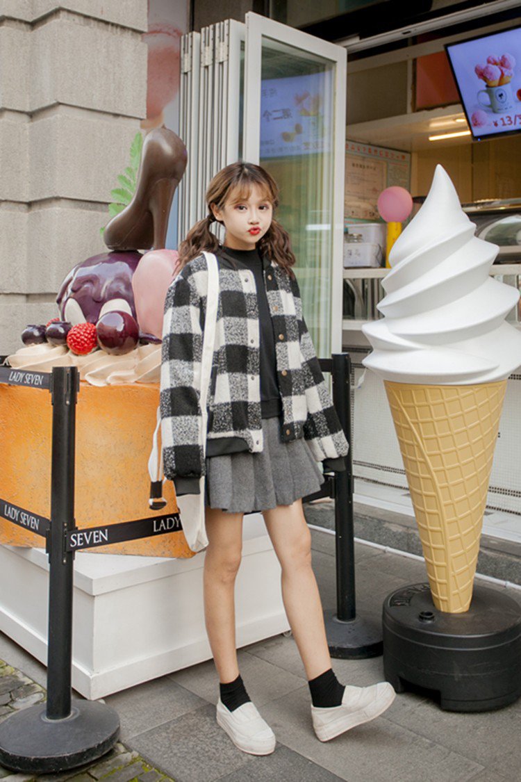 เสื้อโค้ทกันหนาว ลายสก๊อต ทรงสั้น น่ารัก บุซับในกันลม พร้อมส่งค่า same pic
