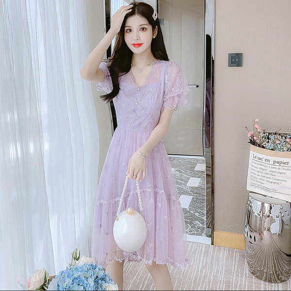 เดรสลูกไม้ เดรสชีฟองสวยๆ แขนสั้น By Meiyi women's clothing