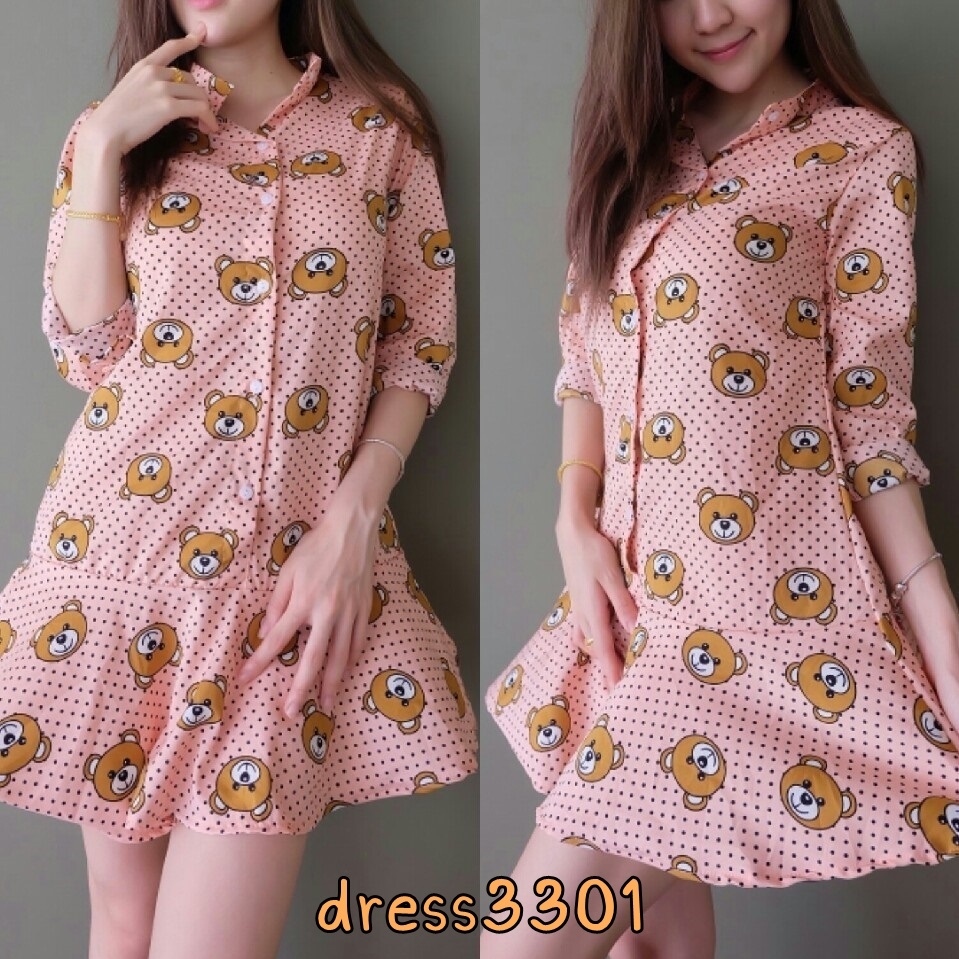 Dress3301 ชุดเดรสแขนยาวชายระบาย กระดุมหน้า ผ้าไหมอิตาลีเนื้อนิ่มลายหมี+ลายจุด งานน่ารักผ้าเนื้อนุ่มใส่สบาย **พร้อมส่งสีชมพูสีเดียว