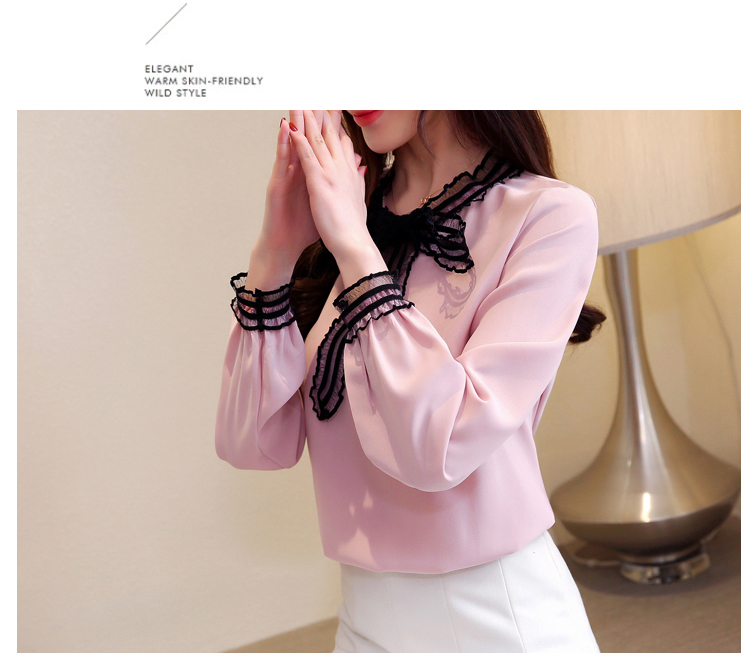 Blouse4049 เสื้อแขนยาวสีชมพู คอผูกโบว์ลูกไม้เพิ่มดีเทลความน่ารัก ผ้าโพลีเนื้อดีนุ่มหนามีน้ำหนักทิ้งตัว