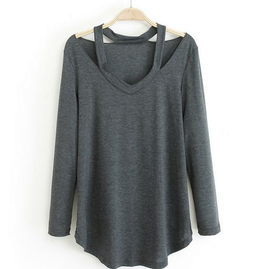 เสื้อแฟชั่น ผู้หญิง ผ้า Cotton เสื้อแขนยาว ใส่หลวม ๆ ดีไซน์ เป็นสายคล้องคอ โชว์ไหล่ เสื้อคอวี คอกว้าง สีเทา 868929_1