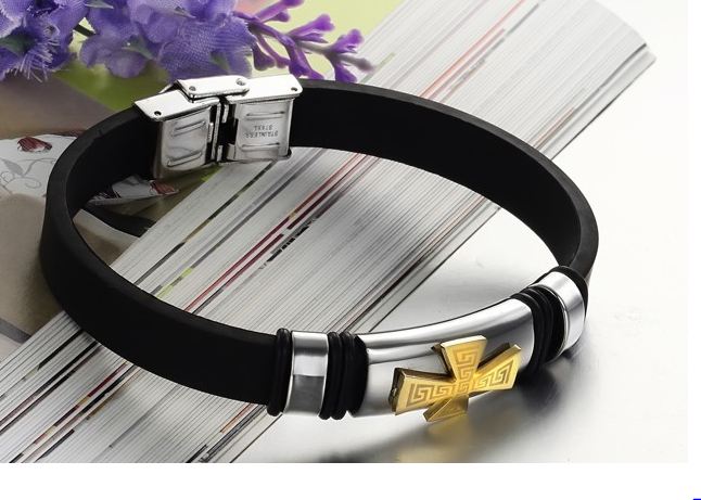 สร้อยข้อมือผู้ชาย กำไลข้อมือผู้ชาย ไทเทเนี่ยม ผสม ซิลิโคน ดีไซน์รูป กากากบาท สีทอง และ สีทอง สวยเท่ อย่างมีสไตล์ 897602