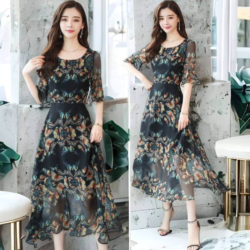 Dress4624 Maxi Dress แม็กซี่เดรส/ชุดเดรสยาวลายผีเสื้อพื้นสีดำ ซิปข้างใส่ง่าย มีซับในอย่างดี ผ้าชีฟองเนื้อดีนุ่มใส่สบาย งานดีทรงดีลายสวย ชุดเดียวสวยจบ สวมใส่ได้ทุกโอกาส