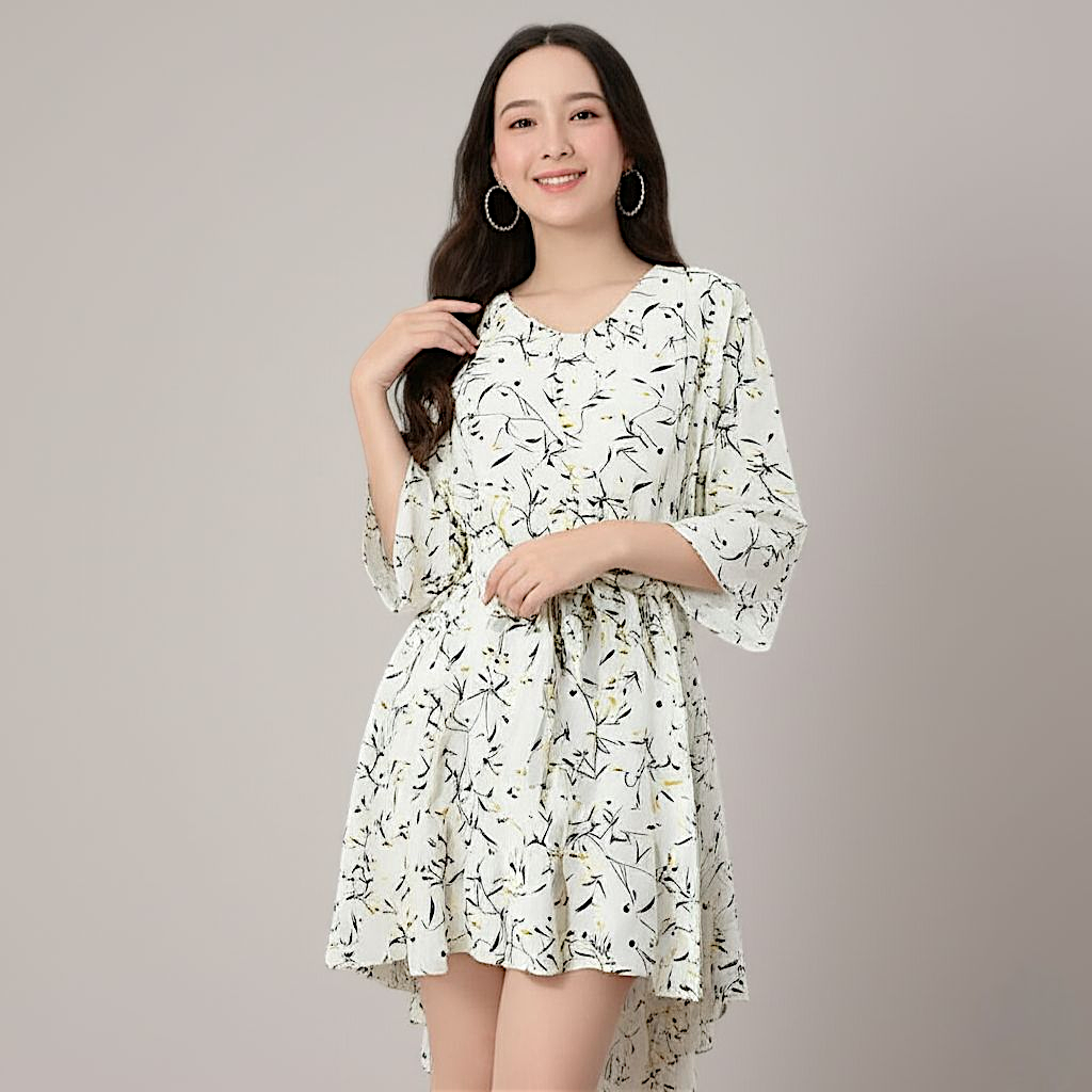 Dress4695 เดรสลายดอกไม้พื้นสีครีม แขนสี่ส่วน เอวสม็อครอบ มีผ้าผูกเอว ทรงหน้าสั้นหลังยาว ผ้าโพลีเนื้อดียืดได้นิดหน่อย มีซับในช่วงกระโปรง งานดีทรงดีลายสวย ใส่เที่ยว/ใส่ทำงานได้