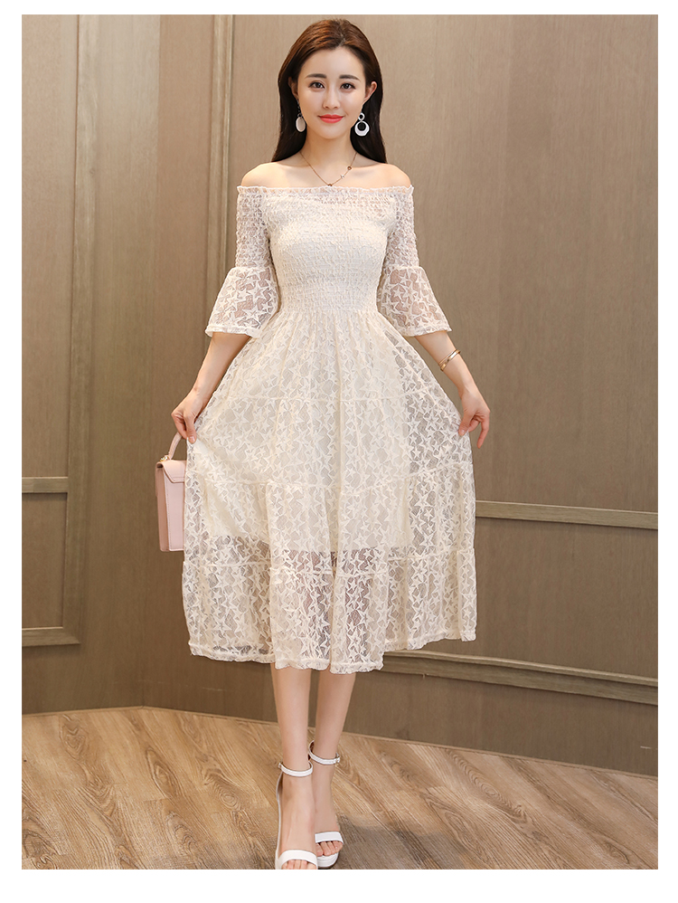 Dress4381 เดรสยาวลูกไม้เปิดไหล่สม็อครอบอก ผ้าลูกไม้ลายดาววิ้งๆ งานดีทรงสวยหรูดูแพง