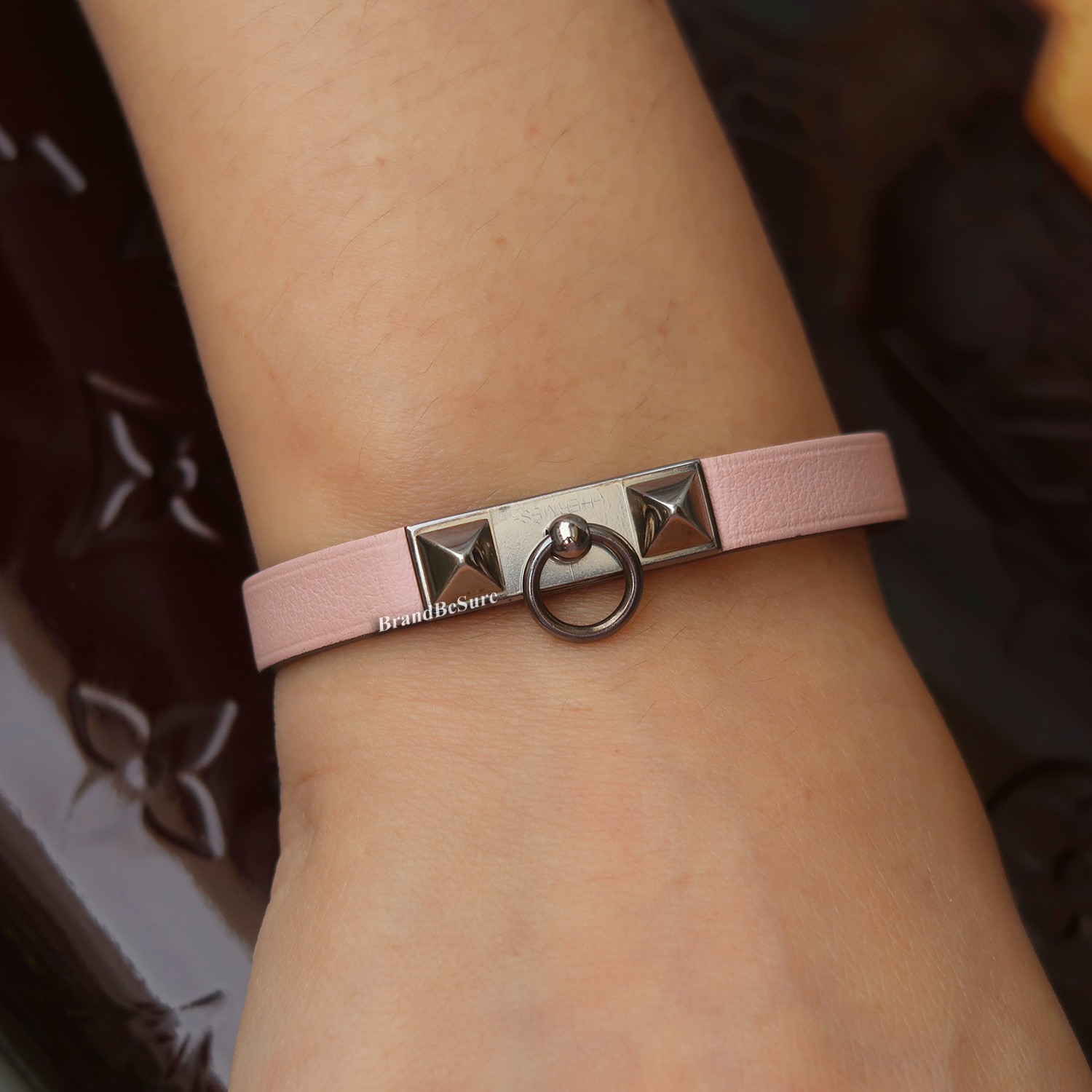 Hermes Rose Sakura Swift Rivale Bracelet SHW Size XS