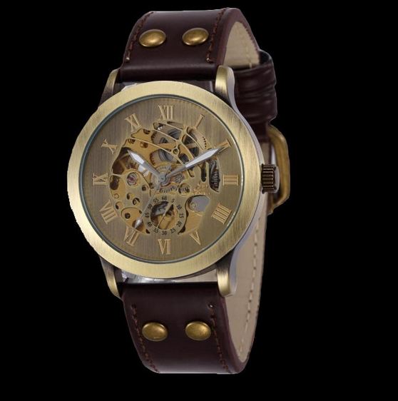 นาฬิกาข้อมือ โชว์กลไก Mechanical watch สายหนังแท้ นาฬิกาแบบไม่ต้องใส่ถ่าน ดีไซน์ สไตล์วินเทจ ดูคลาสสิค สุด ๆ ของขวัญให้แฟน สุดหรู 348601