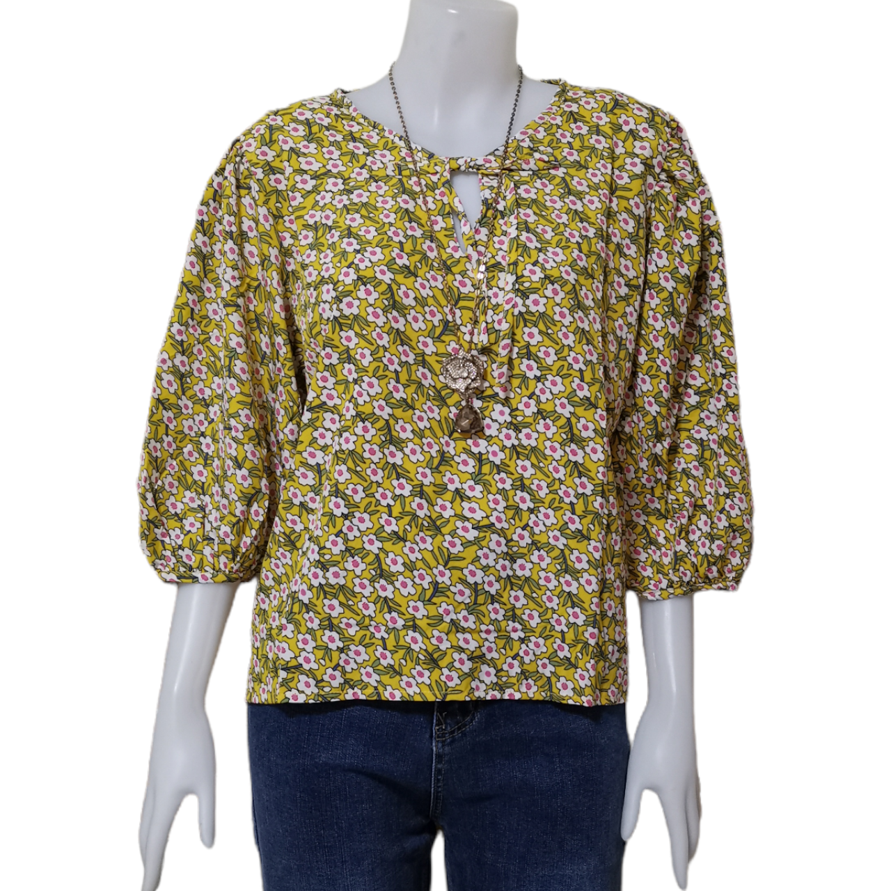 Blouse3992 เสื้อแฟชั่นไซส์ใหญ่คอโบว์ลายดอกไม้แขนพองสามส่วน ผ้าชีฟองเนื้อหนา ผ้านุ่มใส่สบาย งานสวยแมทช์กับอะไรก็เข้า มี 2 โทนสี เหลือง, กรม