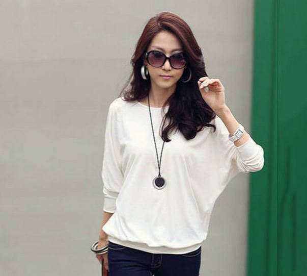เสื้อยืดแฟชั่น แขนยาว ใส่กับกางเกงขาสั้น เสื้อผู้หญิง แขนยาว ผ้า Cotton แบบมีสไตล์ ซีทรู ที่แขนเสื้อ เสื้อยืดแขนยาว ตัวหลวม ๆ สีขาว 533406_1