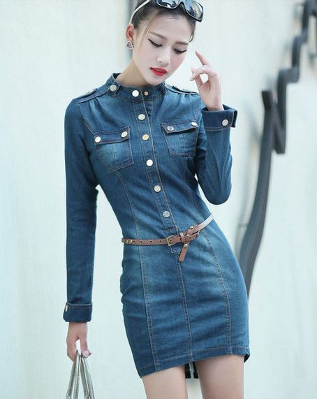 เดรสยีนส์ รัดรูป สำหรับผู้หญิงหุ่นดีมาก เดรสยีนส์ Mini skirt กระโปรงทรงตรง สั้นเหนือเข่า สียีนส์เข้ม คอตั้ง ดีไซน์ สาวเปรี้ยว 740951
