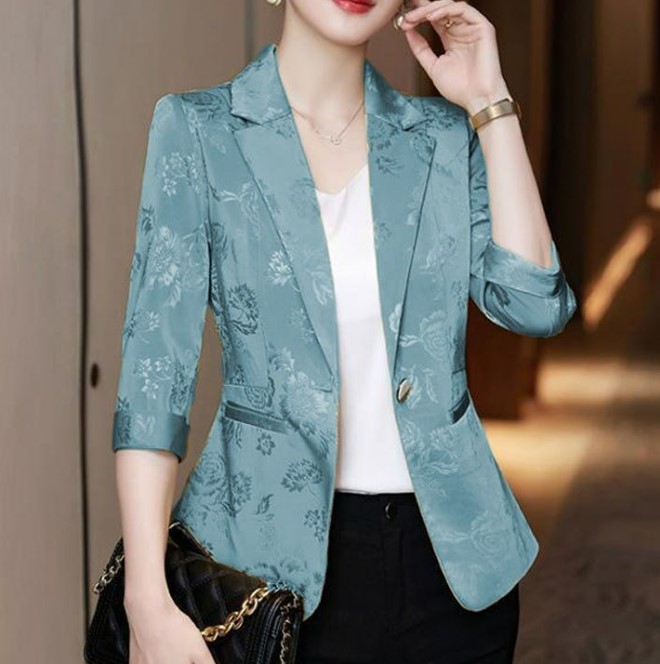เสื้อสูทผ้าไหม ผ้าซาติน เสื้อสูท ผู้หญิง พิมพ์ลายดอกไม้ ขึ้นเลื่อม เงา สวย เสื้อสูทแบบผู้ใหญ่ ใส่ทำงานหรูหรา 141001