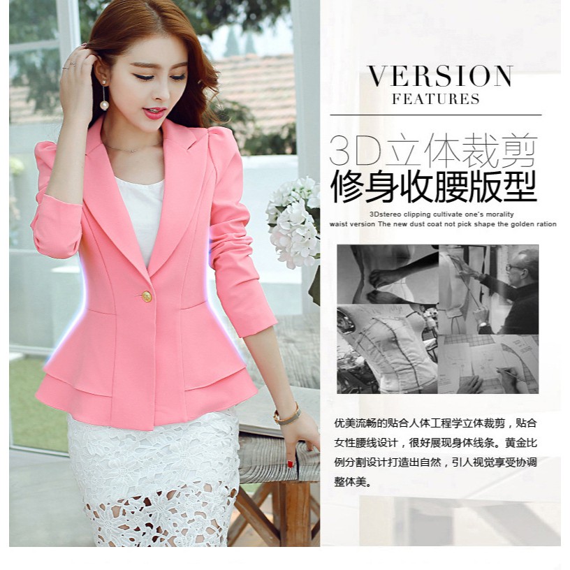 สูท สีชมพู(สีสดกว่าในรูป) ทรงสวย แต่งชายเอวระบายเป็นชั้น เพิ่มความหวาน ดูมีเอว พร้อมส่ง Pink