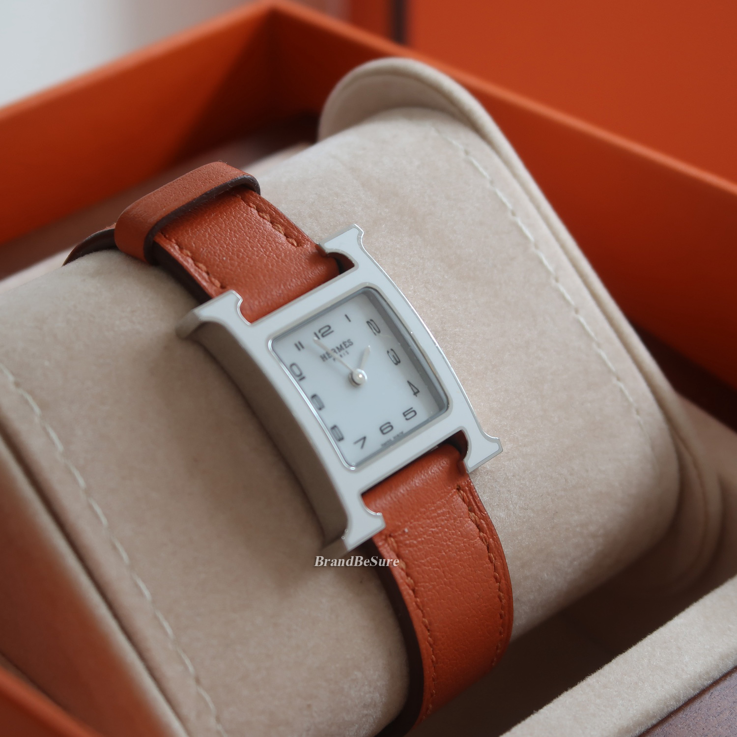 Hermes White Enamel Orange Swift H Hour PM Watch