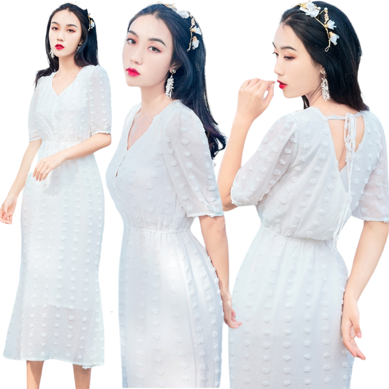 Dress4589 Maxi Dress ชุดเดรสยาวสีขาวลายจุดปอมๆ ทรงคอวีป้ายมีเชือกผูกโบว์ด้านหลัง เอวยางยืด มีซับในเนื้อนิ่มอย่างดีทั้งชุด ผ้าชีฟองเนื้อดีมีน้ำหนักทิ้งตัว