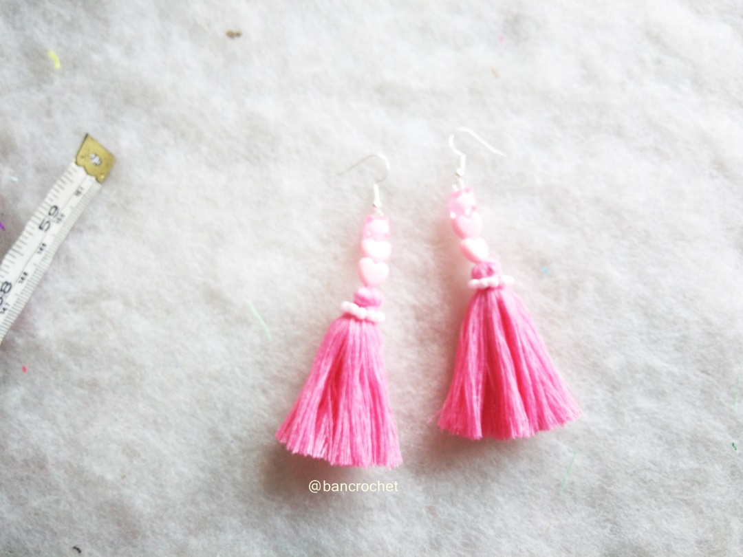 Bancrochet ต่างหูถักโครเชต์ crochet earrings สีชมพู 4 นิ้ว