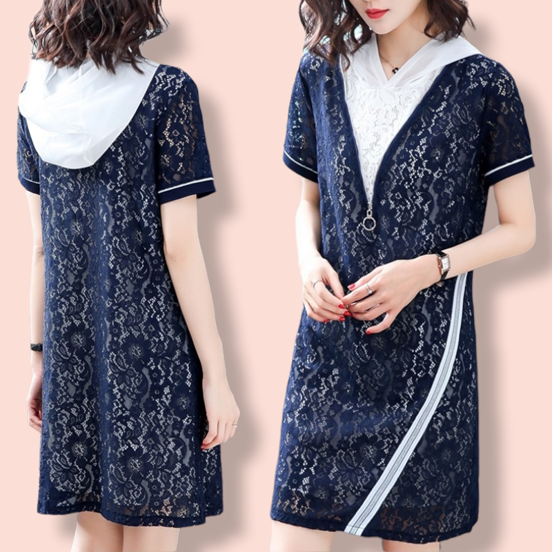 Dress4424 เดรสฮู้ดลูกไม้สีกรมท่าตัดสีขาว อกแต่งซิป ซับในเป็นผ้าชีฟองสีขาว งานน่ารัก ดีเทลดีงาม ใส่แล้วดูดีดูมีสไตล์ เท่ๆ เก๋ๆ ไม่ซ้ำใคร