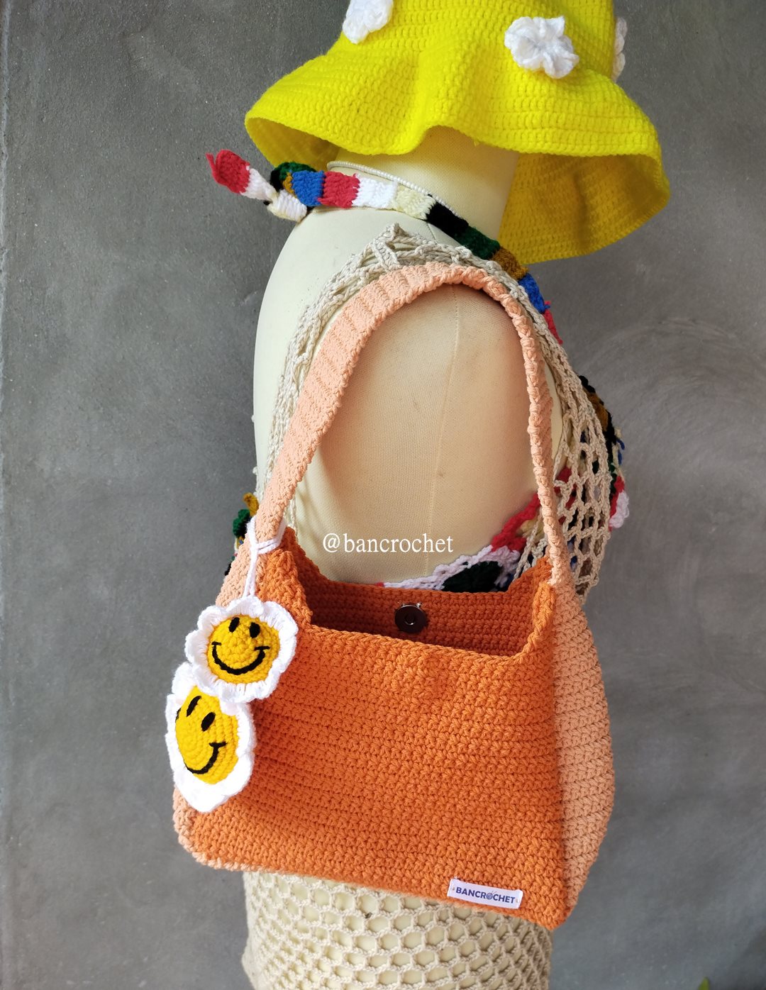 Bancrochet กระเป๋าถักโครเชต์ crochet bag ส้ม 8*5.5 สาย 7 inch