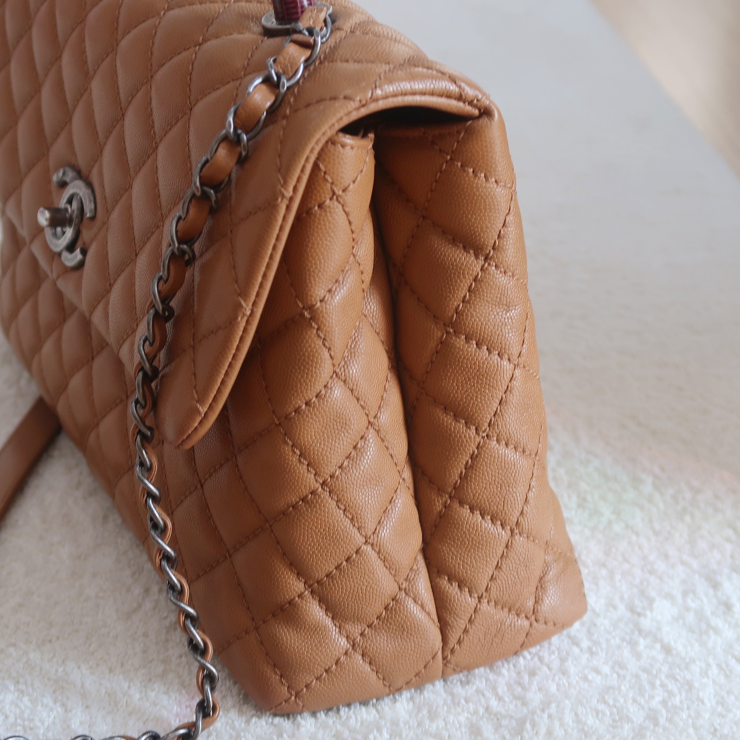 Chanel Caramel Caviar Coco Handle Lizard Medium 13" RHW