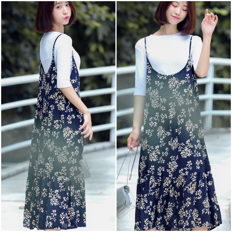 Dress4554 ชุดเดรสยาวสายเดี่ยวลายดอกไม้สีกรมท่า มีเสื้อตัวในผ้านิ่มยืดเยอะ ผ้าชีฟองเนื้อทรายเนื้อหนาสวยมีน้ำหนักทิ้งตัว งานสวยผ้าใส่สบาย งานดีทรงดีลายสวย สายบ่าปรับระดับได้