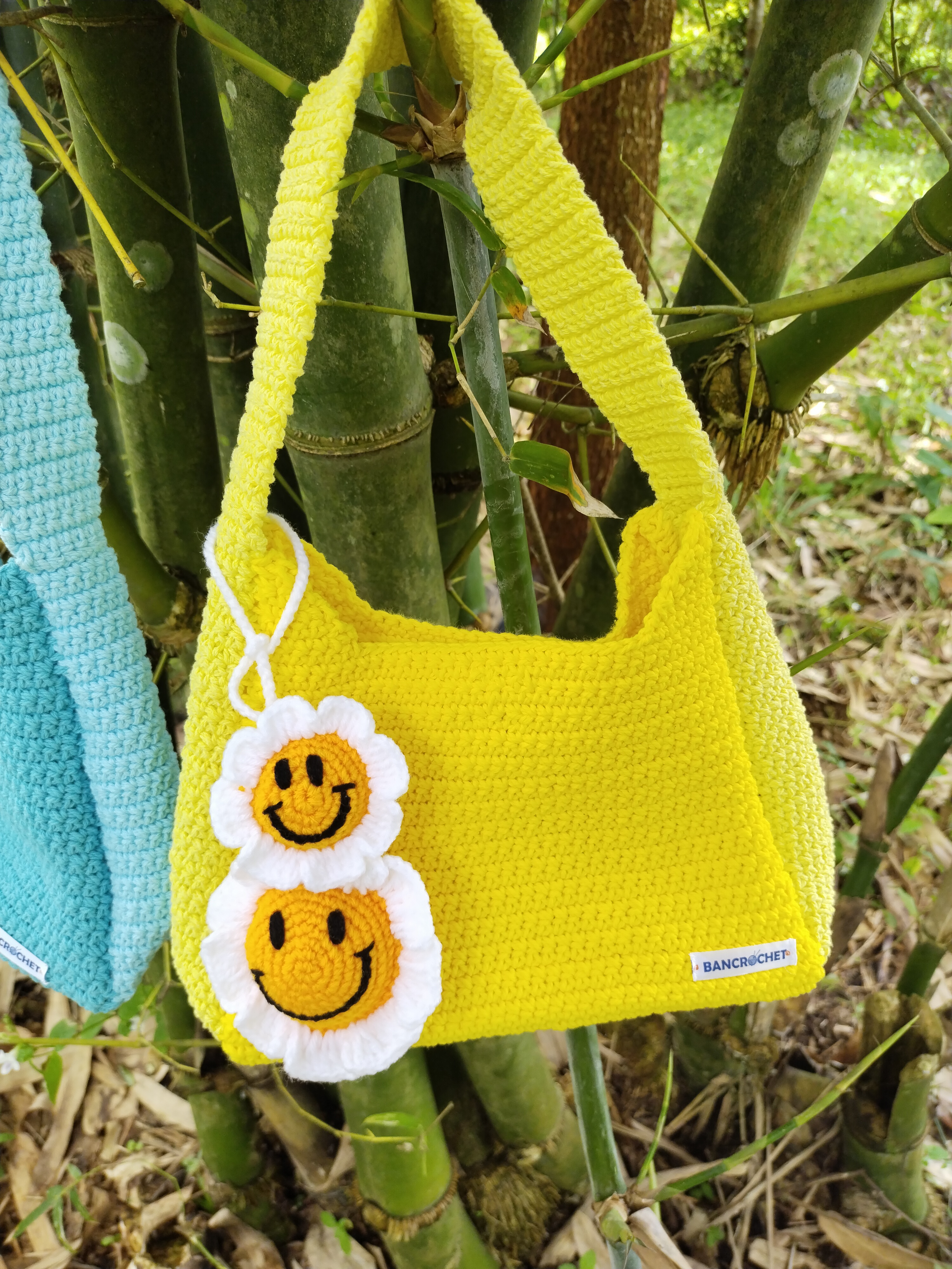 Bancrochet กระเป๋าถักโครเชต์ crochet bag เหลือง 8*5.5 สาย 7 inch