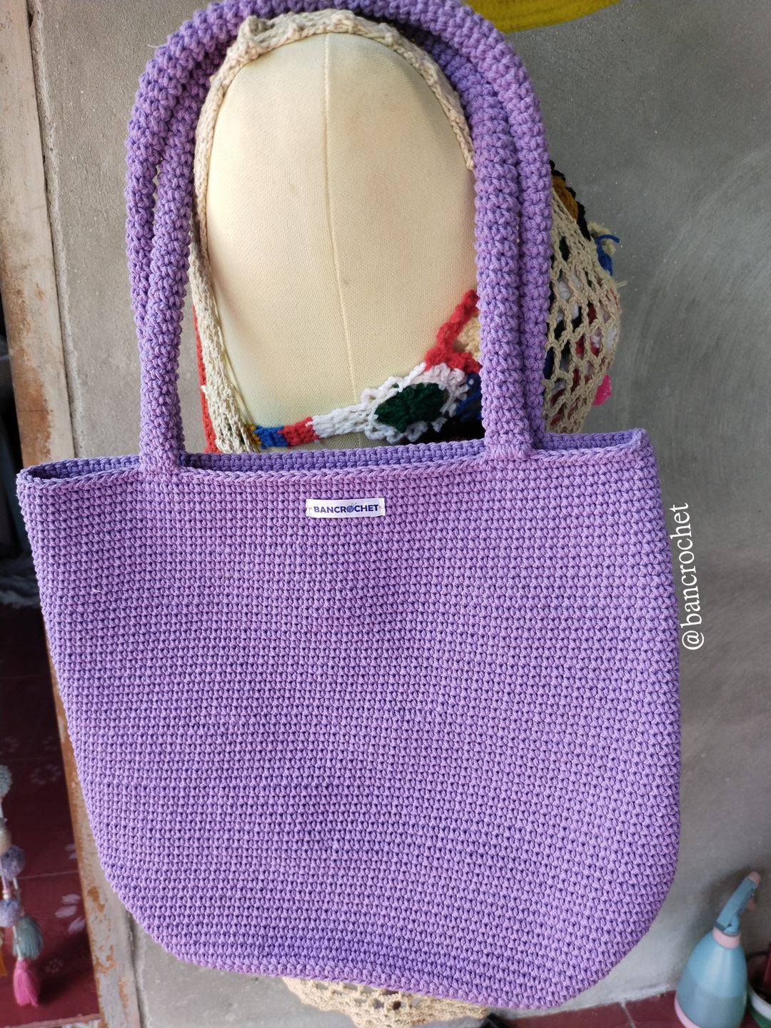 Bancrochet กระเป๋าถักโครเชต์ crochet bag ม่วง 29*30*9 สาย 22 cm