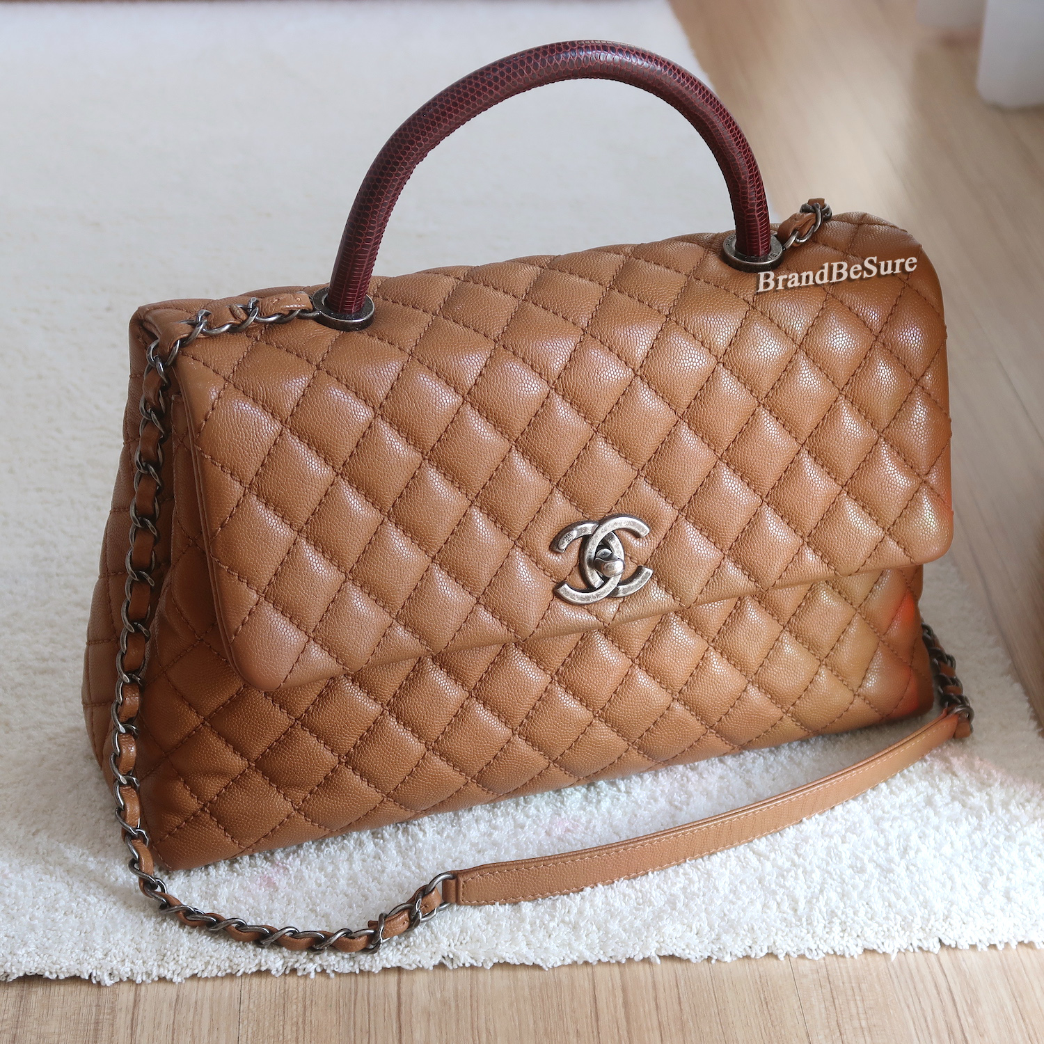 Chanel Caramel Caviar Coco Handle Lizard Medium 13" RHW
