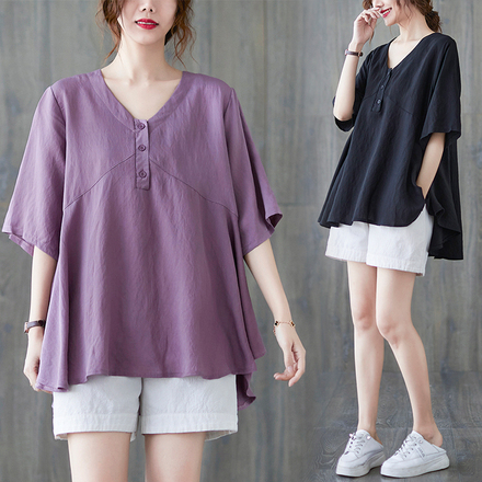 เสื้อผ้าฝ้ายผ้าลินินตัวใหญ่ ไซต์โอเวอร์ ใส่หลวมๆ ส่งฟรี