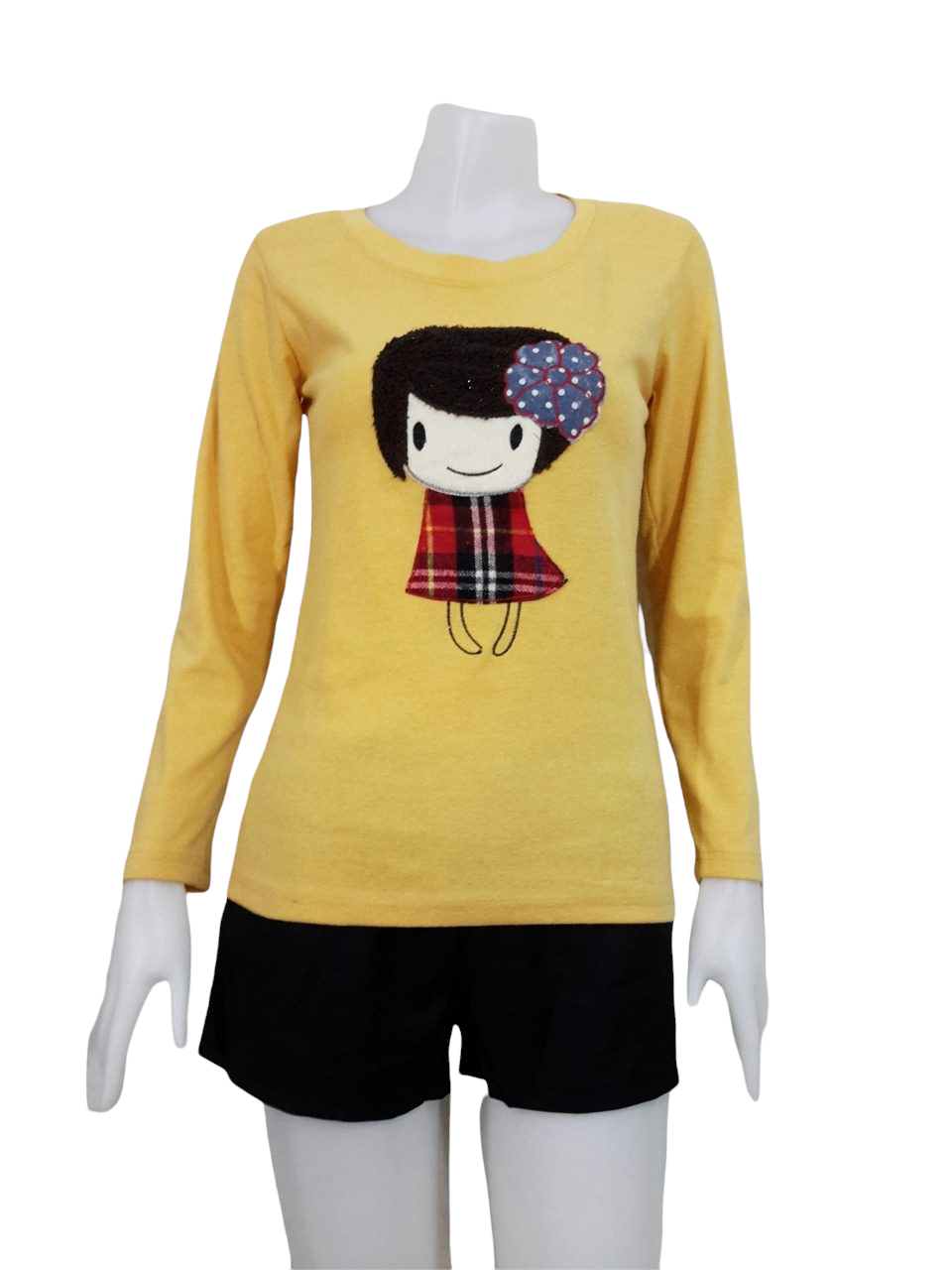 Blouse3543 2nd hand clothes เสื้อยืดผ้าคอตตอนเนื้อกำมะหยี่ แขนยาว คอกลม อกแต่งลายตุ๊กตา สีพื้นเหลืองมัสตาร์ด