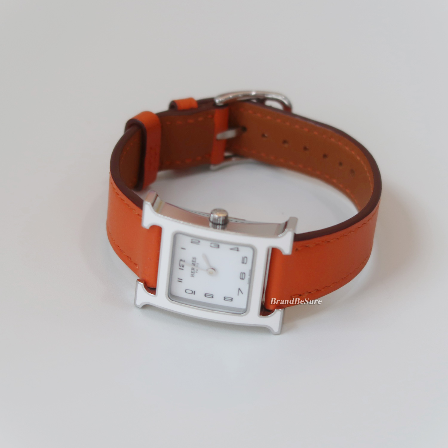 Hermes White Enamel Orange Swift H Hour PM Watch