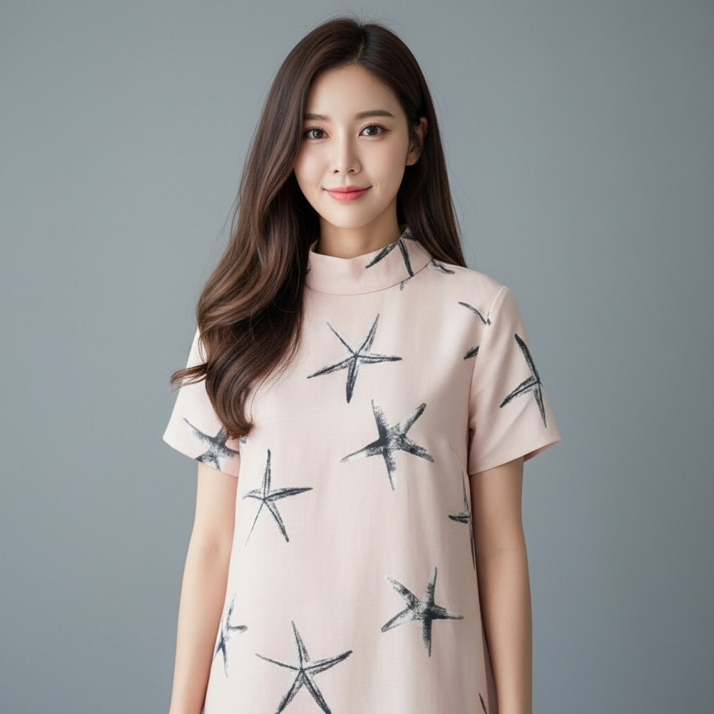 Dress3156 ชุดเดรสทรงปล่อย มีซิปหลังสวมใส่ง่าย ผ้ามิลิน(ผ้าทอหนาเนื้อดี)ลายปลาดาว พื้นสีชมพู