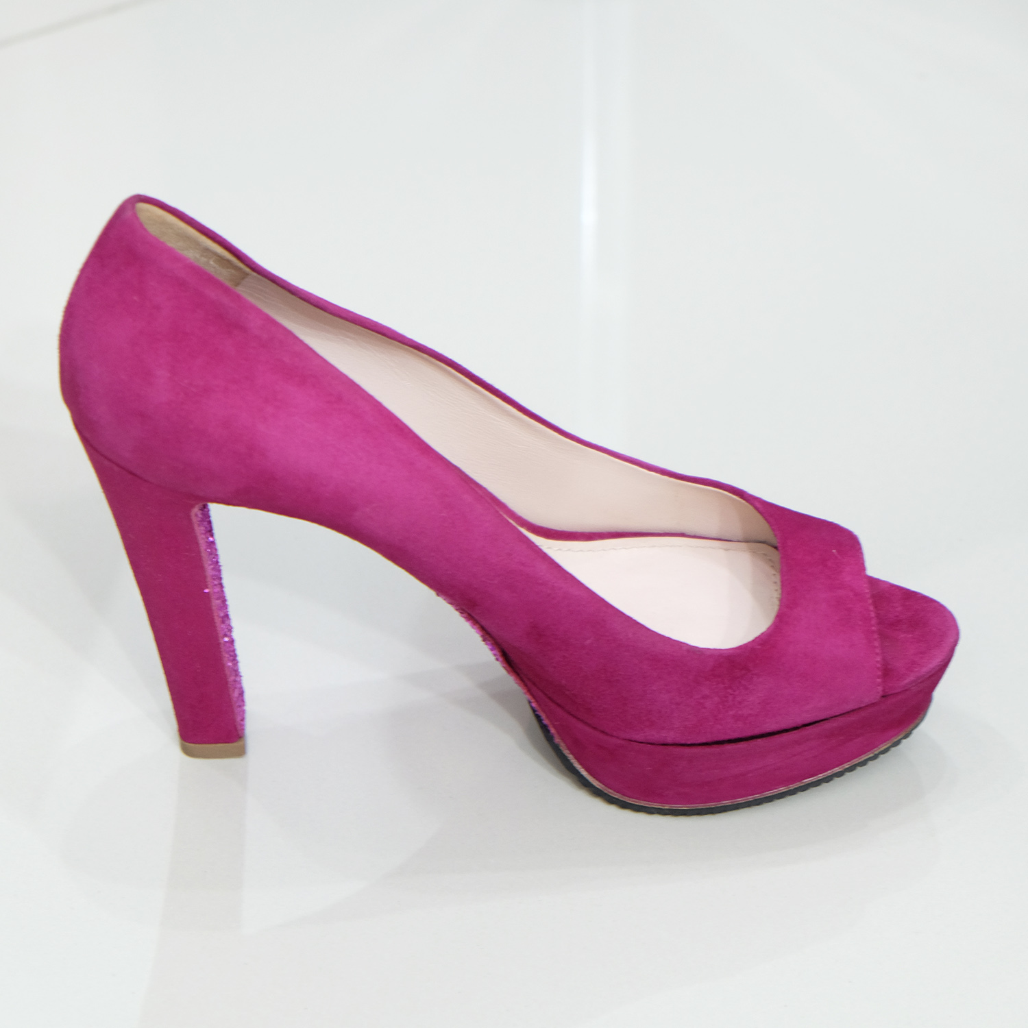 Miu Miu Fushia Pink Suede (Goat) Peep Toes Glitter Heel 5.5" Size 40