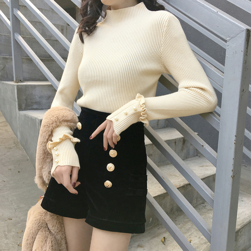 เสื้อสเวตเตอร์ ไหมพรมคอเต่า ลายทางในตัว ยืดได้เยอะ ผ้านุ่ม ครีม