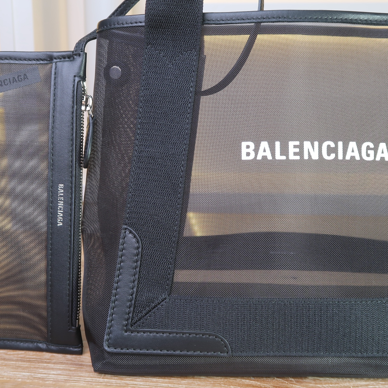 Balenciaga Black Mesh/Calfskin Logo Cabas S Tote Bag
