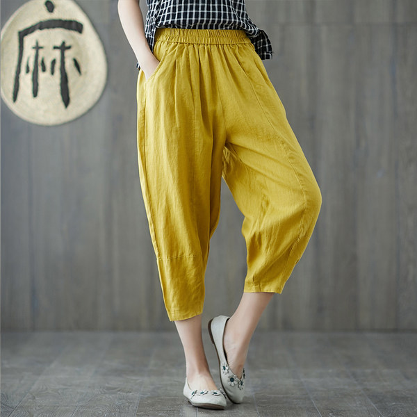 กางเกงผ้าลินิน กางเกงขายาว กางเกงผ้าลินินญี่ปุ่น กางเกงผ้าลินิน เอว ยางยืด By LZcotton and linen