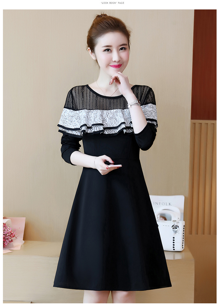 Dress4634 ชุดเดรสแขนยาวสีพื้นดำทรงสวยบ่าลูกไม้ แต่งระบายอกสีขาวตัดกับสีชุดดูมีดีเทล สาวอวบใส่ได้