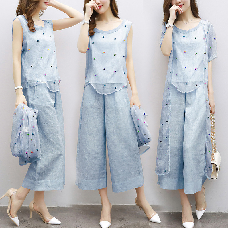 Set_bt1717 ชุดเซ็ท 3 ชิ้น(เสื้อ+กางเกง) เสื้อแขนกุด+เสื้อคลุมตัวยาวงานปักลายจุดผ้าชีฟองเนื้อดี+กางเกงขายาวเอวยืดกระเป๋าข้างผ้าคอตตอนเนื้อนุ่มใส่สบาย งานดีดีเทลดีงาม สวยดูดีแบบไม่ซ้ำใคร