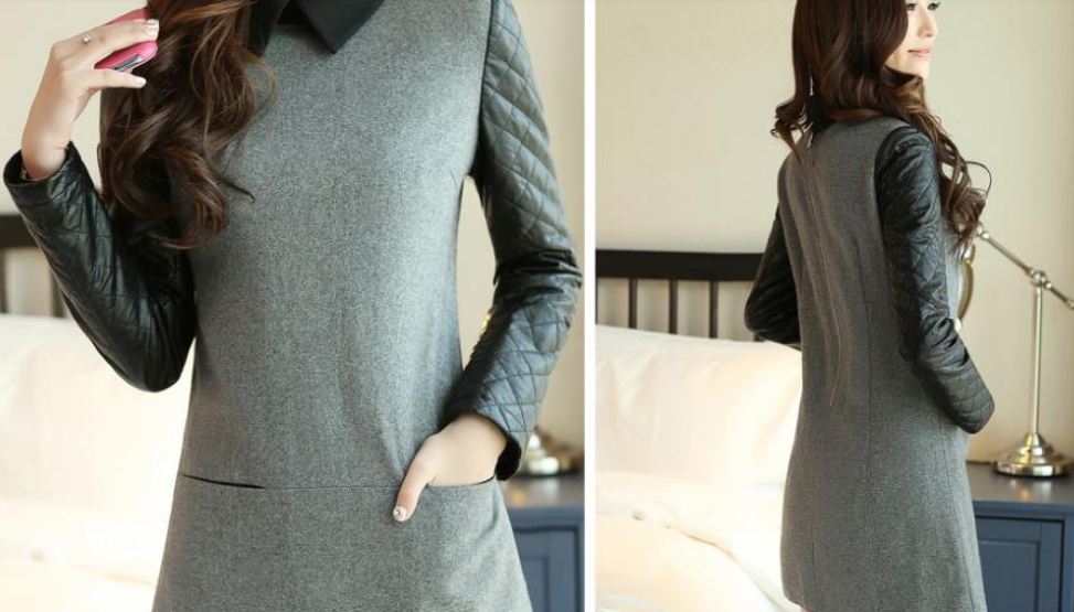 ชุดเดรส ใส่เที่ยว ใส่ทำงาน เดรสผ้าขนสัตว์ ผสม หนัง pu ดีไซน์ หรู ดูคุณหนู สุด ๆ เดรสแขนยาว แบบมีดีไซน์ สีเทา 38156