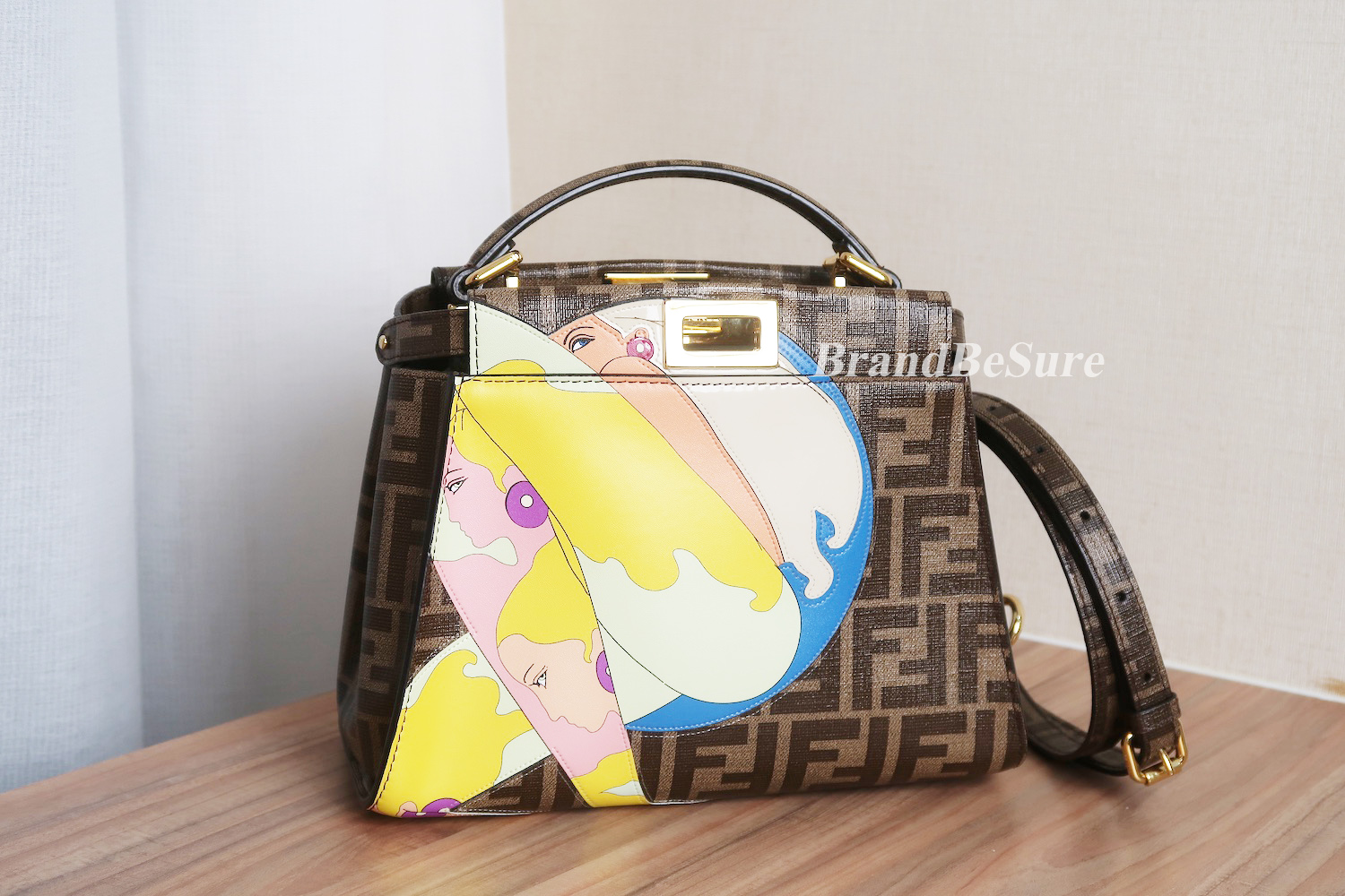 Fendi Glazed Fabric Vitello FF 1974 Hairo Girls Inlay Mini Peekaboo Satchel GHW