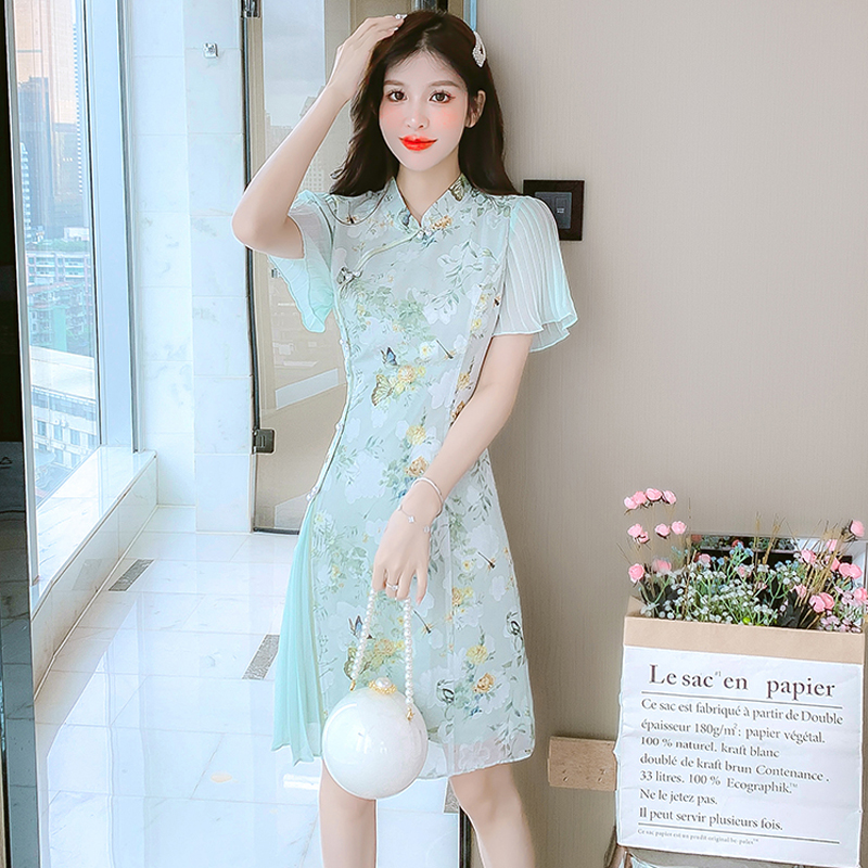 เดรสลูกไม้ เดรสชีฟองสวยๆ แขนสั้น By Meiyi women's clothing