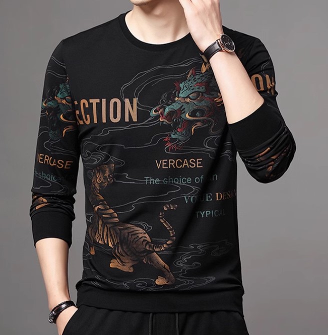 เสื้อยืด ผู้ชาย ใส่เที่ยว แบบเท่ ๆ เสื้อยืด สีดำ แขนยาว เพ้นท์ ลายเสือ มังกร แบบวัยรุ่น เท่ ๆ ใส่เที่ยว 7733261