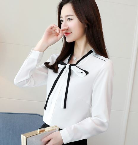 เสื้อเชิ้ตผู้หญิง เสื้อเชิ้ตแขนยาว ผ้าซีฟอง แขนพอง ตกแต่งด้วย โบว์ แบบหวาน ๆ สีฟ้า สีขาวครีม s235198