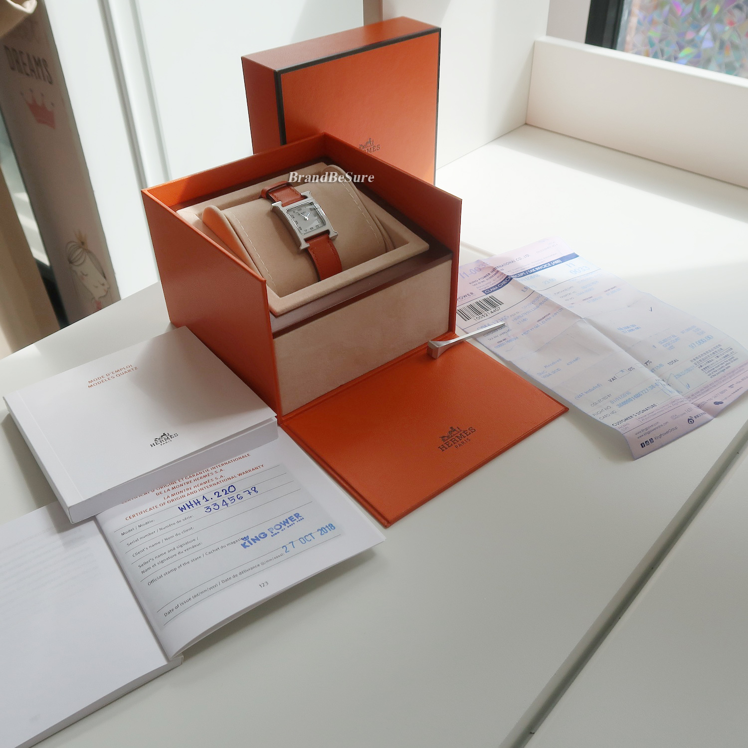 Hermes White Enamel Orange Swift H Hour PM Watch