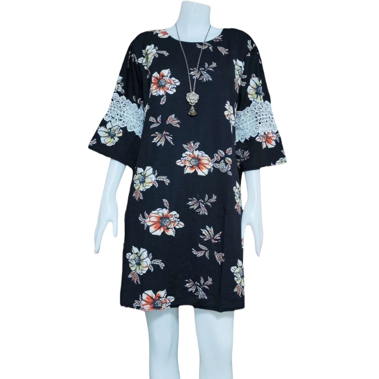 Dress4388 เดรสไซส์ใหญ่ทรงปล่อยลายดอกไม้ แขนสามส่วนระบายแต่งลูกไม้ ผ้าวูลเวฟ(ผ้าหนังไก่)เนื้อดีหนานิ่มมีน้ำหนักยืดขยายได้เยอะใส่สบายสุด งานดีทรงสวย ทรงนี้ใส่ได้เรื่อยๆ **พร้อมส่ง 4 สี แดง, เขียวมิ้นท์, กรม, ดำ