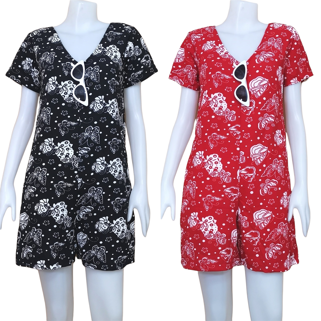 Jumpsuit622 จัมพ์สูทคอวีขาสั้นไซส์ใหญ่ลายผีเสื้อ มีซิปหลังใส่ง่าย ผ้าวูลเวฟ(ผ้าหนังไก่)เนื้อดีทิ้งตัวยืดหยุ่นสูงใส่สบาย