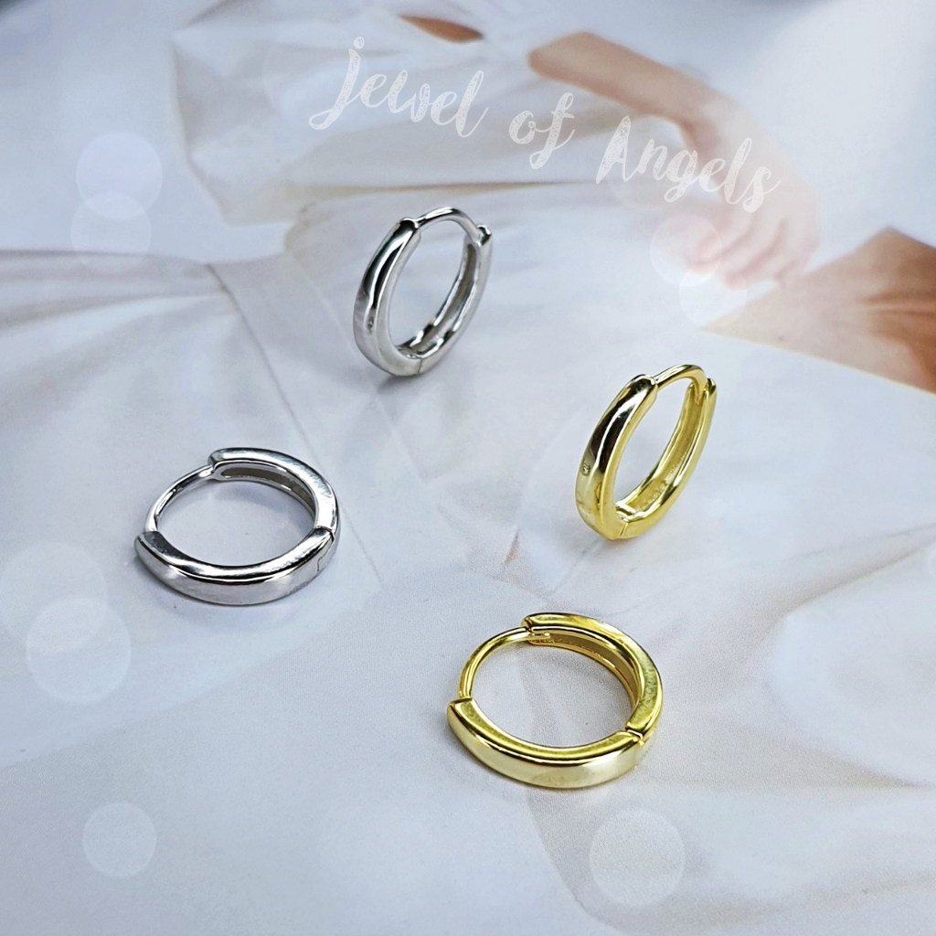 ต่างหูห่วงเงินแท้ S925 รุ่น Care ห่วงขอบเหลี่ยมตรงกลางหนา มินิมอล สูงวงนอก12.3mm สีเงิน สีทอง Silver925