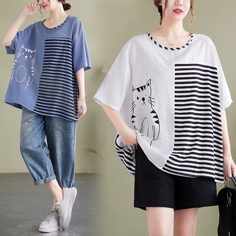 เสื้อทีเชิ้ตคนอ้วนผู้หญิงสไตล์คอตตอนลินินมีไซต์อก 47-48 นิ้ว