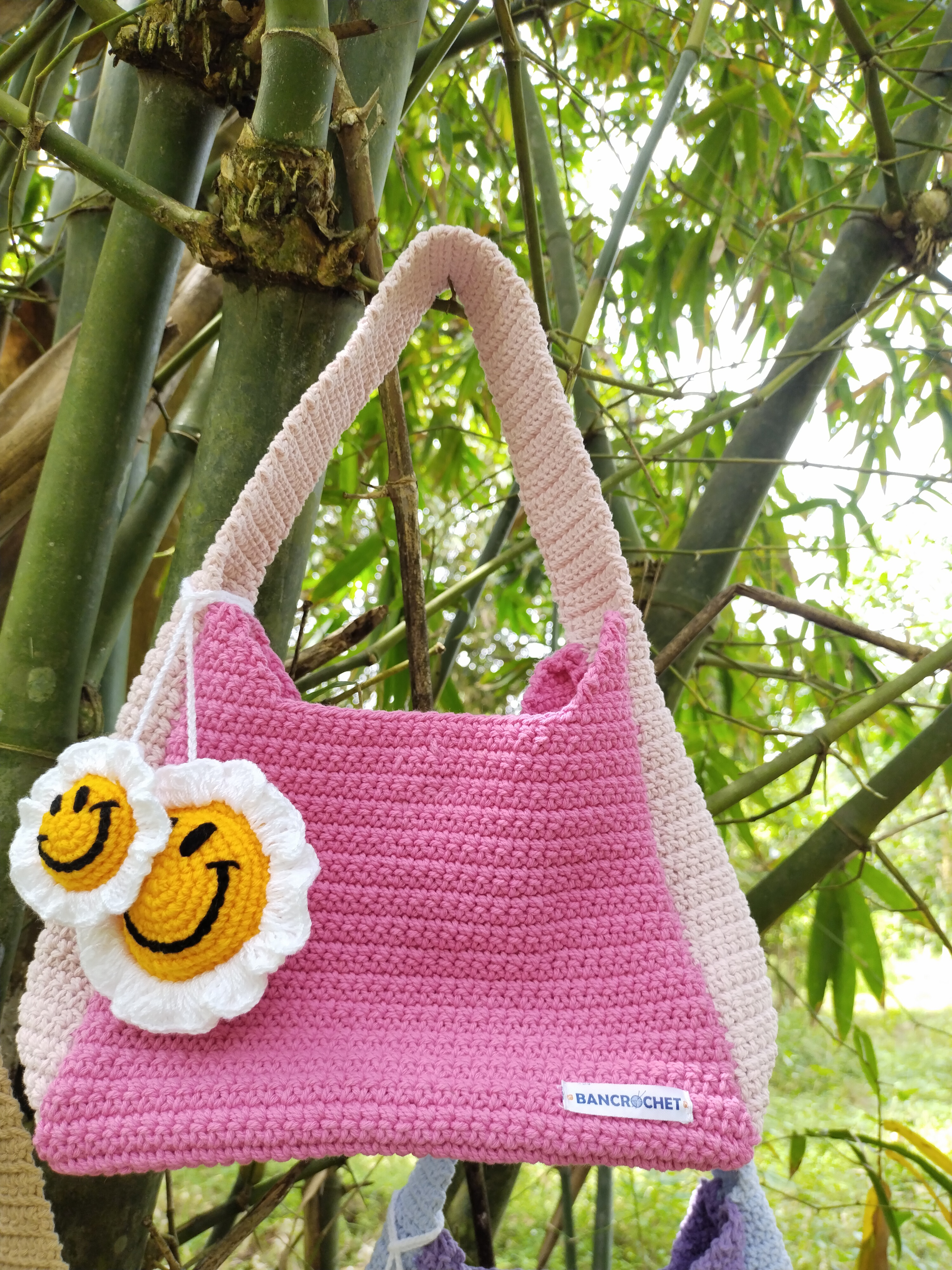 Bancrochet กระเป๋าถักโครเชต์ crochet bag ชมพู 8*5.5 สาย 7 inch